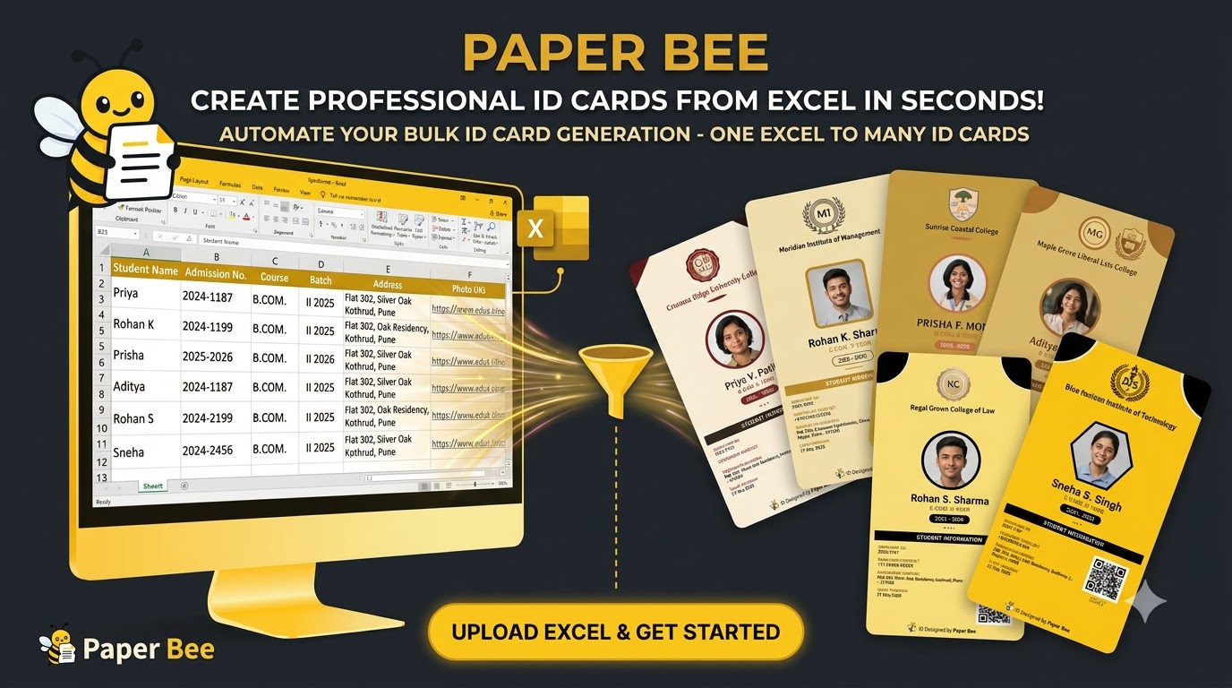 One students.xlsx spreadsheet feeding into a set of finished, print-ready student ID cards - each with a photo, college crest and QR code - generated in bulk by PaperBee.